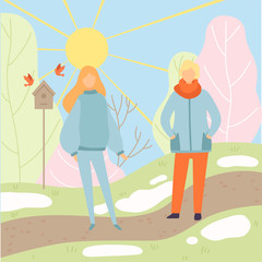 Young Man and Woman Wearing Warm Clothes Walking in Spring Park, Season Change From Winter to Spring Vector Illustration