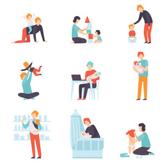 Fototapeta na wymiar Fathers Taking Care of Their Babies Set, Young Dads Feeding, Playing, Having Fun and Working with Son or Daughter Vector Illustration