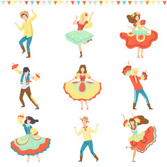 Brazilian Festa Junina Party, Happy Men and Women Dancing at Latin Festival Carnival Set Vector Illustration