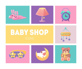 Baby Shop Icons Set, Cute Goods for Babies Design Elements Vector Illustration