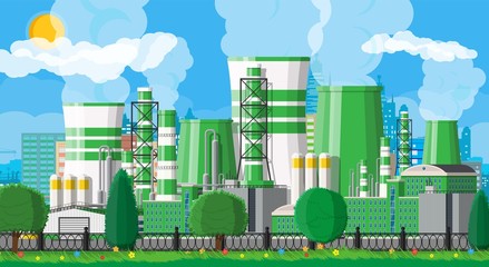 Factory building. Industrial factory, power plant. Pipes, buildings, warehouse, storage tank. Green eco plant. Urban cityscape skyline. Trees clouds and sun. Vector illustration in flat style
