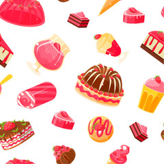 Delicious Desserts Seamless Pattern, Jelly, Cake, Cupcake, Donut Vector Illustration