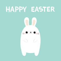 Happy Easter. White rabbit bunny. Cute kawaii cartoon character. Funny head face. Big ears. Paw print hands. Baby greeting card. Blue pastel color background. Flat design.