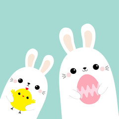 Two rabbit bunny friends holding painting egg, chicken bird. Happy Easter. Cute cartoon kawaii funny baby character set. Farm animal. Blue pastel background. Flat design
