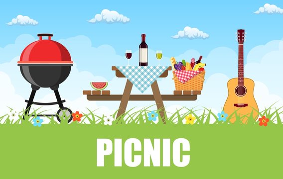 Outdoor picnic in park Table covered with tartan cloth. Picnic basket filled with food on the chair. Vector illustration in flat style