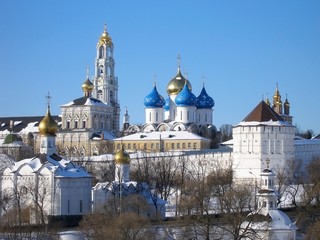 Beautiful view of Trinity Sergius Lavra in winter sunny day, amazing beauty of the architectural ensemble of ancient Russian monastery, Sergiev Posad, Russia