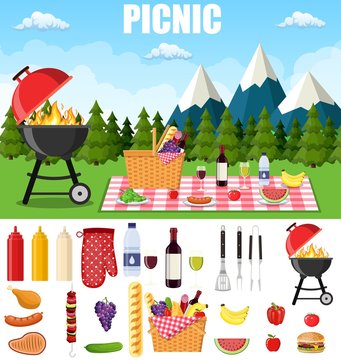 summer picnic in the mountains. Rest and weekend concept. tablecloth, basket with food, fruits, grill amd meat isolated on white background. Vector illustration in flat style