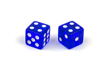 Two blue glass dice isolated on white background. Four and four.