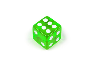 A green glass dice isolated on a white background with a shadow, six.