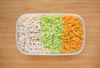 Chopped and sliced Taro, Chayote and Japanese Pumpkin in plastic tray on wood board background.