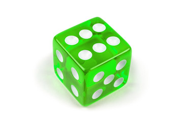Green glass dice closeup isolated on white. Six with shadow.