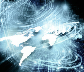 Fototapeta premium World map on a technological background, glowing lines symbols of the Internet, radio, television, mobile and satellite communications.