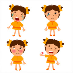 Set of sad girl in different emotions in cartoon style isolated on white background.