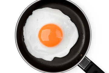 Frying pan with fried egg isolated on white background on top view object cooking design