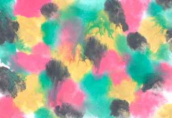 Obraz premium Abstract watercolor background. Vivid watercolor background with interesting stains of yellow, pink, green and black paint. Handmade on paper with paints. Blurred, horizontal, macro.