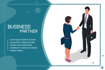 Handshake man and women. Meet business partners, stylish man in suit, woman. Business people male and businesswomen. Vector illustration isometric style. Template design. Symbol of successful deal.