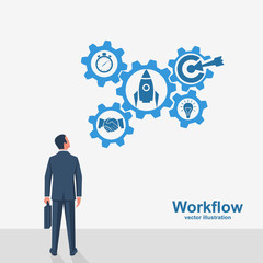 Businessman looks on workflow process. Organization teamwork. Project management. Vector illustration flat design. Isolated on white background. Set of mechanism gears with a word. Successful people.