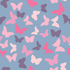 Vector seamless pattern with random violet, pink, creamy butterflies on blue  background. Vintage elegant child baby design for wrapping, textile, fabric, invitation, greeting, websites