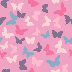 Obraz na płótnie Canvas Vector seamless pattern with random violet, pink, creamy butterflies on pink background. Vintage elegant child baby design for wrapping, textile, fabric, invitation, greeting, websites