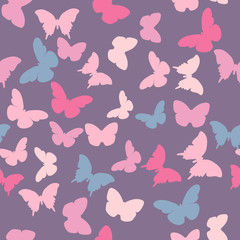 Vector seamless pattern with random violet, pink, creamy butterflies on violet  background. Vintage elegant child baby design for wrapping, textile, fabric, invitation, greeting, websites