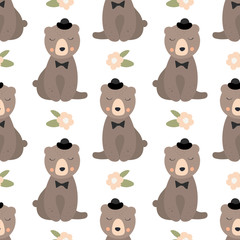 Cute intelligent bear  with black hat seamless vector background with floral elements. Sketch for wrapping paper.