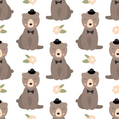 Cute intelligent bear  with black hat seamless vector background with floral elements. Sketch for wrapping paper.