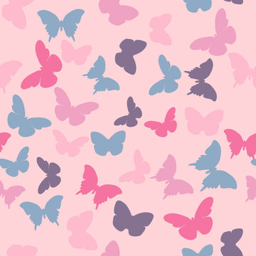 Vector seamless pattern with random violet, pink, creamy butterflies on pink  background. Vintage elegant child baby design for wrapping, textile, fabric, invitation, greeting, websites