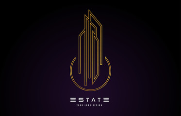 Gold Real Estate Modern Monogram Logo Design. Real Estate Lines Abstract Buildings Icon.