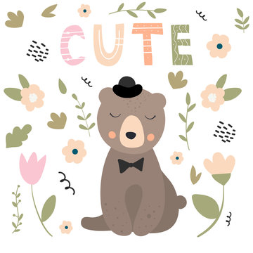 Vector illustration with bear, flowers, leaves and branches.  Design for  cards, posters, cards, t-shirts, book, textile.