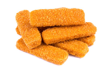 Fish fingers isolated on white background. Frozen fish sticks.