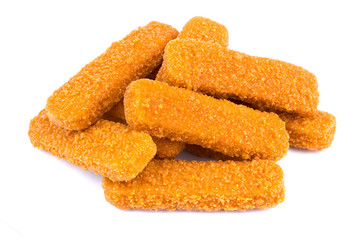 Fish fingers isolated on white background. Frozen fish sticks.
