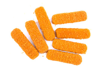 Fish fingers isolated on white background. Frozen fish sticks.