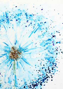 Watercolor background picture blue dandelion flower