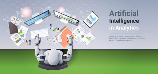 modern robot sitting at workplace humanoid analyzing financial graphs diagrams business analytics report artificial intelligence concept top angle desktop view horizontal copy space