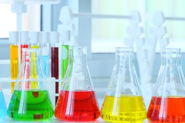 Chemical tube set development and pharmacy in laboratory  with multicolored substances in laboratory - Image