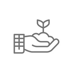 Plant in hand, gardening, ecology line icon.