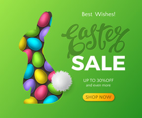 Easter sale banner with colorful 3d eggs and bunny cut out of paper with realistic fur tail. Vector festive green background with place for text for promotional flyers with discount or special offers.