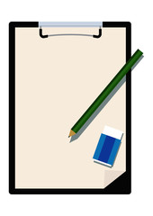 クリップボードと筆記用具のイラスト。文房具のクリップアート。