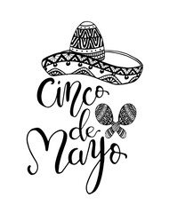 Cinco de Mayo hand written lettering quote with sombrero. Modern brush calligraphy. National colors of mexico. - Illustration