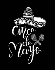 Cinco de Mayo hand written lettering quote with sombrero. Modern brush calligraphy. National colors of mexico. - Illustration