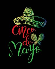 Cinco de Mayo hand written lettering quote with sombrero. Modern brush calligraphy. National colors of mexico. - Illustration