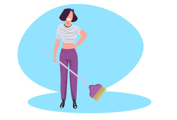 woman housewife cleaning floor smiling girl holding broom housework and household concept female cartoon character full length flat horizontal