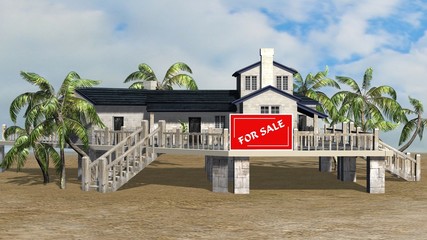 Deckhouse with palm trees and FOR SALE billboard - isolated on sky background