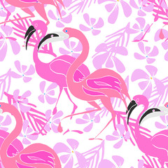 Tropical vector background with pink flamingo and exotic flowers. Hand drawn animalistic seamless pattern.