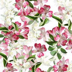 Beautiful floral background of Jasmine and Alstroemeria. Isolated 