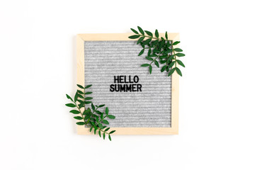 Fototapeta na wymiar Quote - Hello summer. Border frame made of pistachios branches