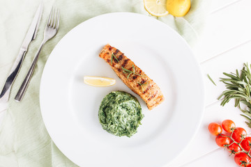 Grilled Salmon Steak Fillet Mash Potato Flat Lay