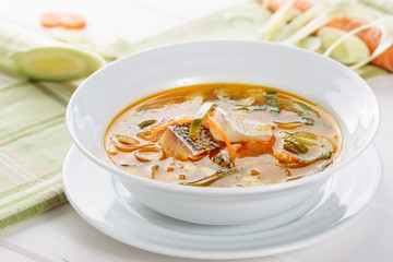 White Fish Seafood Soup with Herb Bowl Side View
