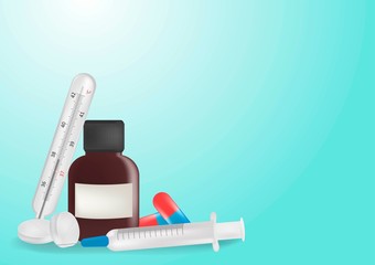 Pill, capsules, thermometer, mixture, syringe, medical plaster on blue background.