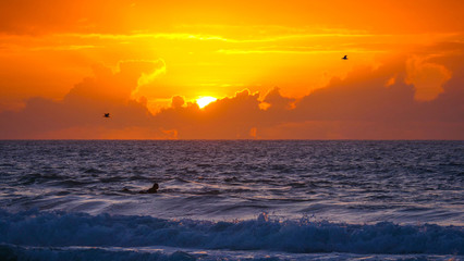 Surfer lying on his surfboard and paddling to catch a wave at picturesque sunset